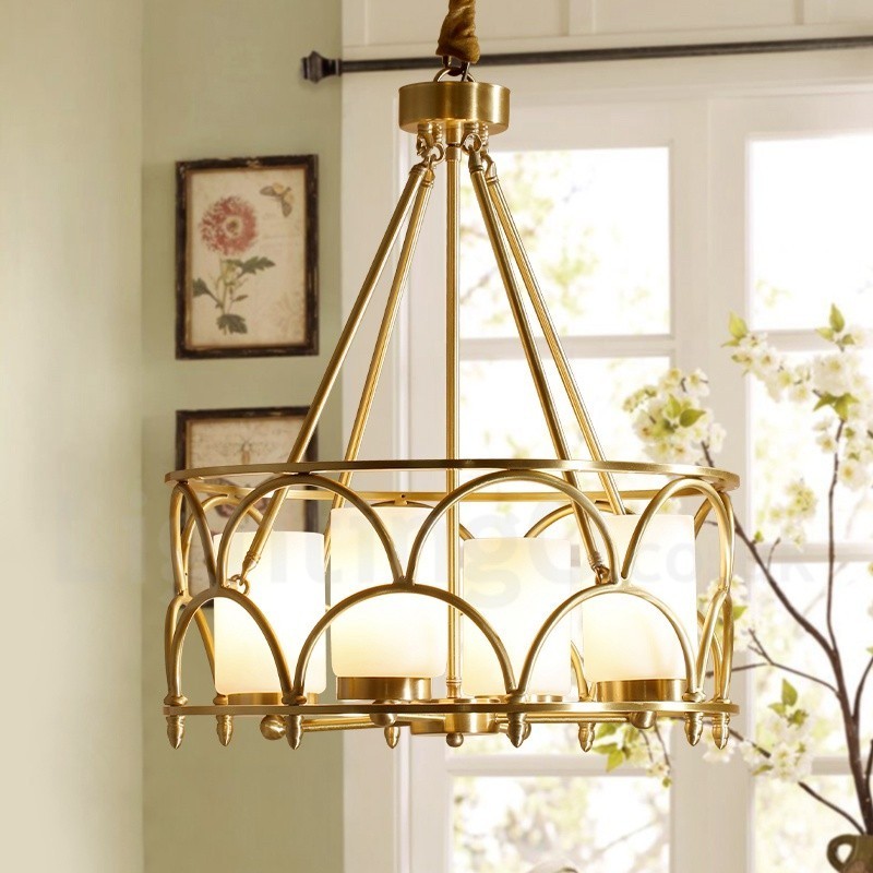 4-flammige Retro-Pendelleuchte aus rustikalem Messing mit Glasschirm