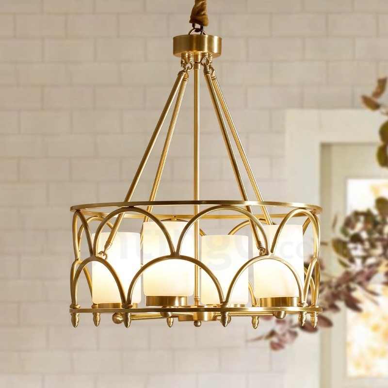 4-flammige Retro-Pendelleuchte aus rustikalem Messing mit Glasschirm