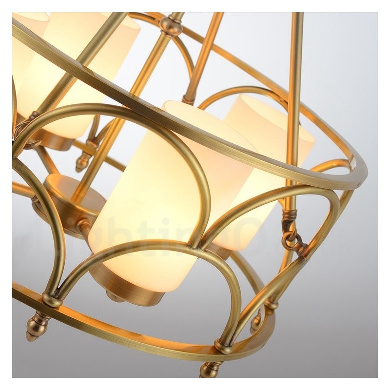 4-flammige Retro-Pendelleuchte aus rustikalem Messing mit Glasschirm