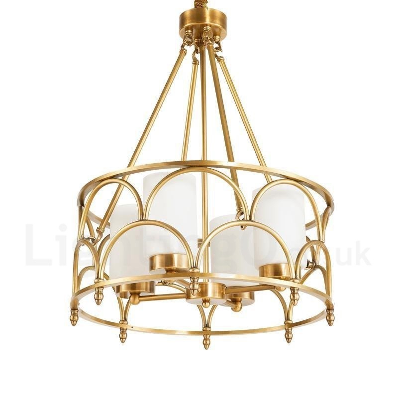 4-flammige Retro-Pendelleuchte aus rustikalem Messing mit Glasschirm