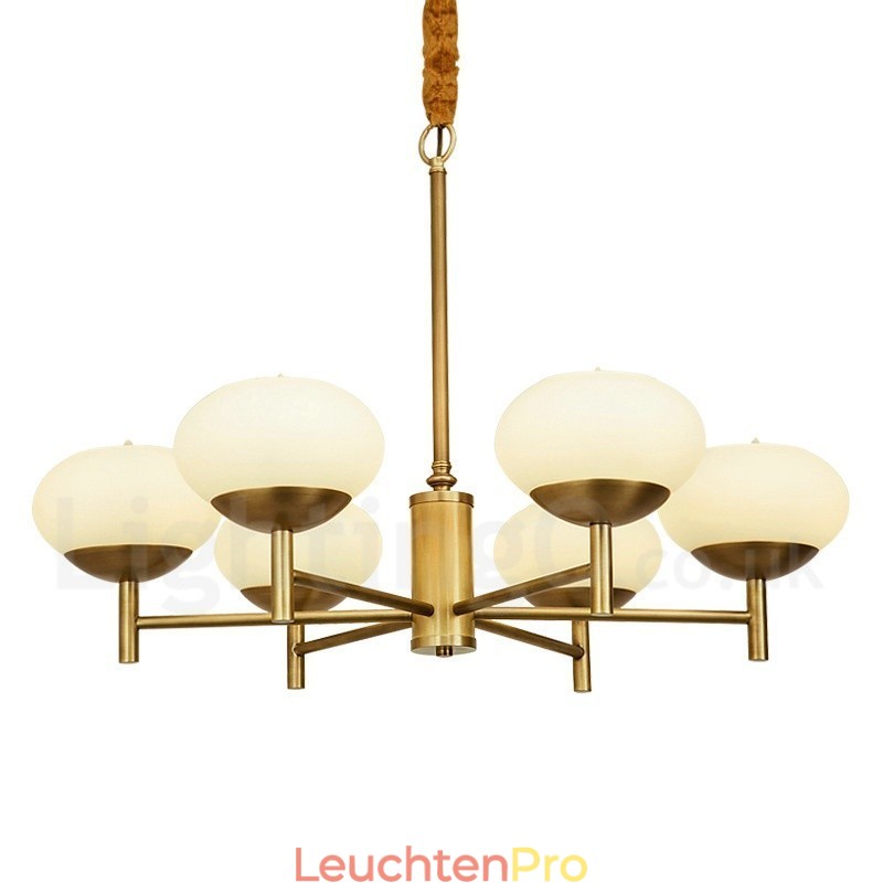 6-flammige Retro-Pendelleuchte aus rustikalem Messing mit Glasschirm