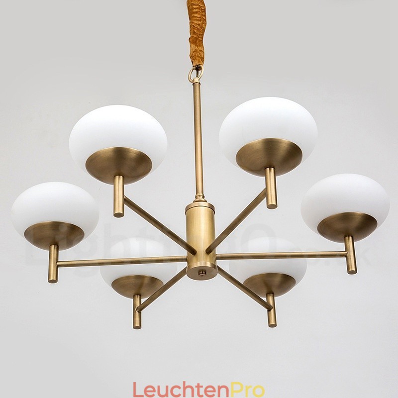 6-flammige Retro-Pendelleuchte aus rustikalem Messing mit Glasschirm