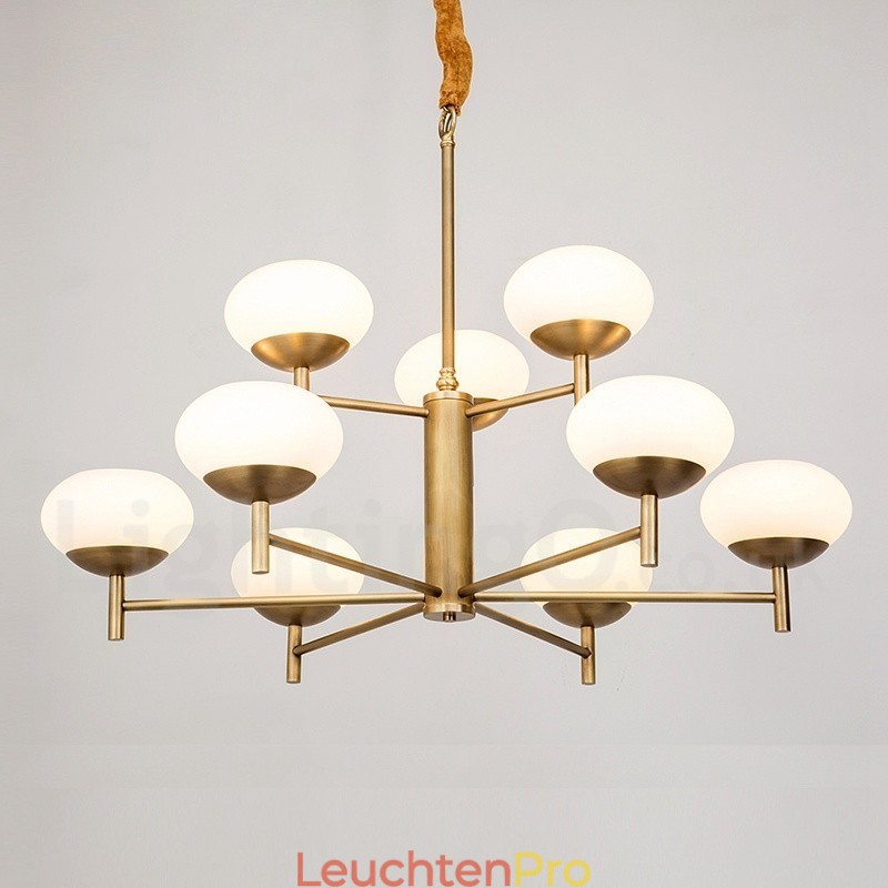 9-flammige Retro-Pendelleuchte aus rustikalem Messing mit Glasschirm