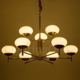 9-flammige Retro-Pendelleuchte aus rustikalem Messing mit Glasschirm