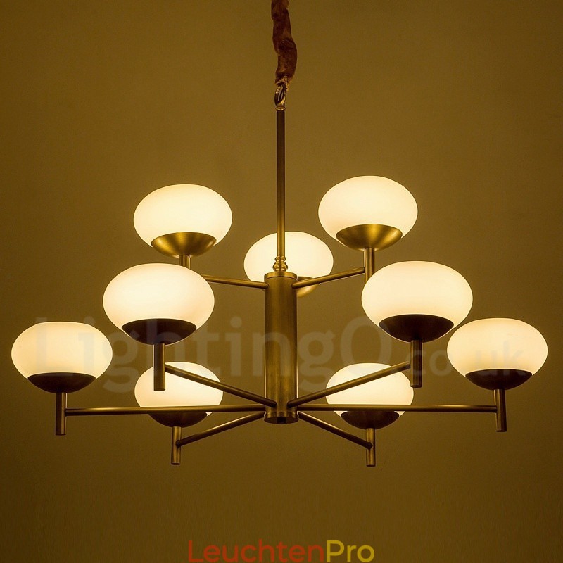 9-flammige Retro-Pendelleuchte aus rustikalem Messing mit Glasschirm