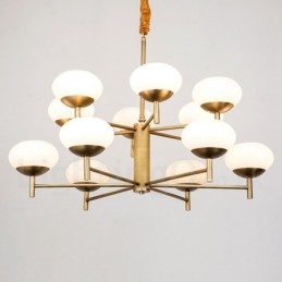 12-flammige Retro-Pendelleuchte aus rustikalem Messing mit Glasschirm