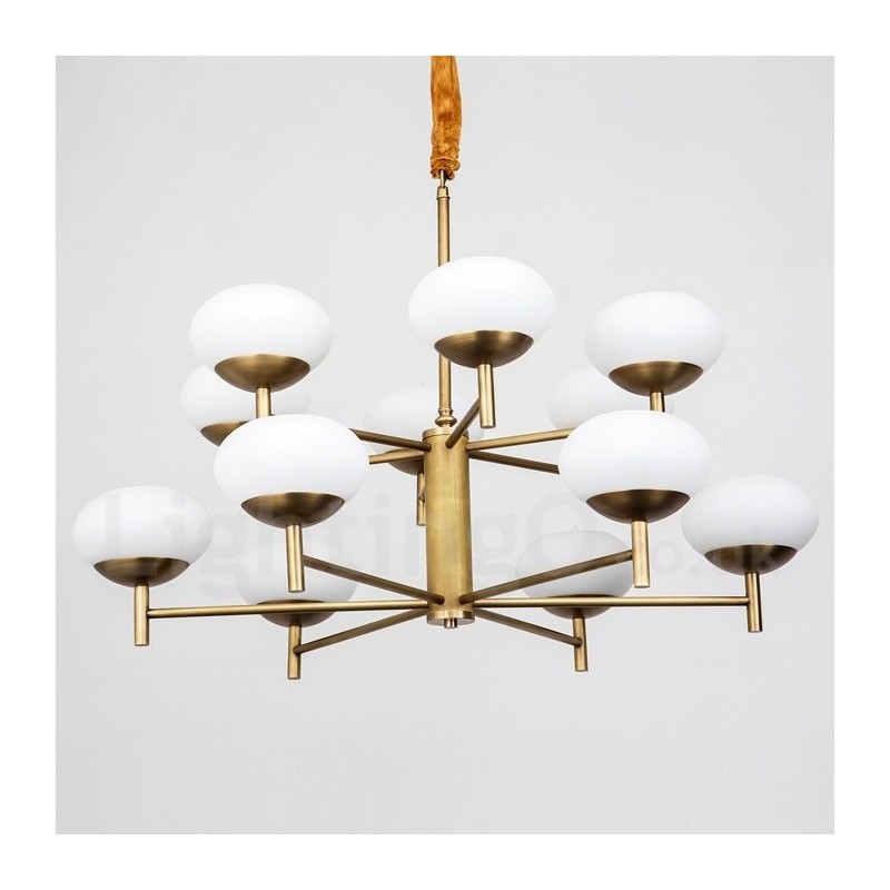 12-flammige Retro-Pendelleuchte aus rustikalem Messing mit Glasschirm