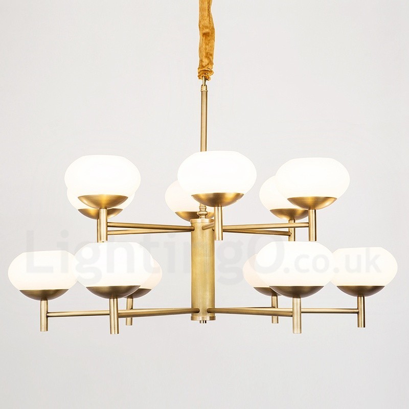 12-flammige Retro-Pendelleuchte aus rustikalem Messing mit Glasschirm