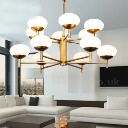 12-flammige Retro-Pendelleuchte aus rustikalem Messing mit Glasschirm