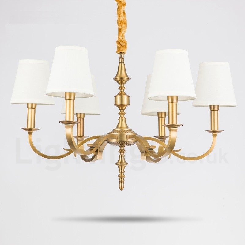 6-flammige Retro-Pendelleuchte aus rustikalem Messing mit Stoffschirm