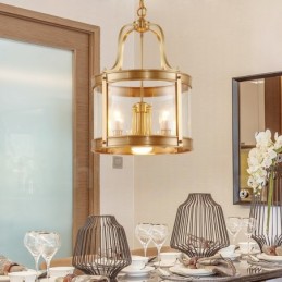 5-flammige Retro-Pendelleuchte aus rustikalem Messing mit Glasschirm