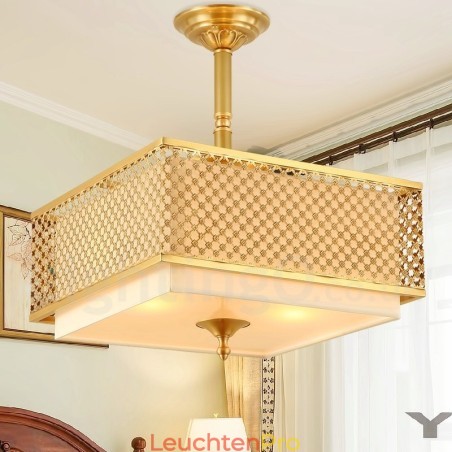 4-flammige Retro-Pendelleuchte aus rustikalem Messing mit Stoffschirm