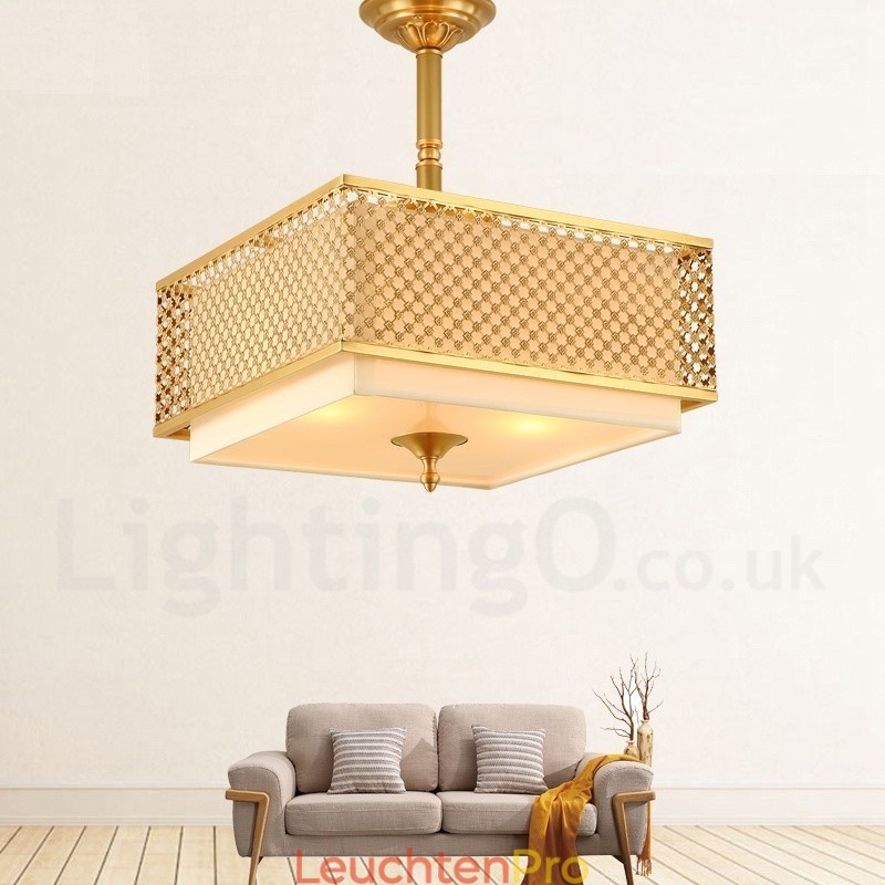 4-flammige Retro-Pendelleuchte aus rustikalem Messing mit Stoffschirm