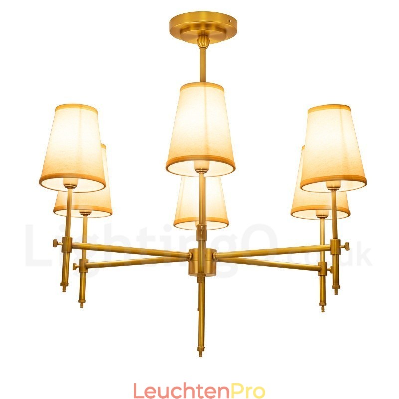 6-flammige Retro-Pendelleuchte aus rustikalem Messing mit Stoffschirm
