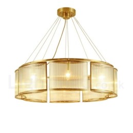 8-flammige Retro-Pendelleuchte aus rustikalem Messing mit Glasschirm