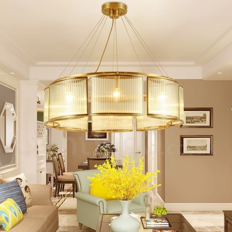 8-flammige Retro-Pendelleuchte aus rustikalem Messing mit Glasschirm