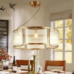6-flammige Retro-Pendelleuchte aus rustikalem Messing mit Glasschirm