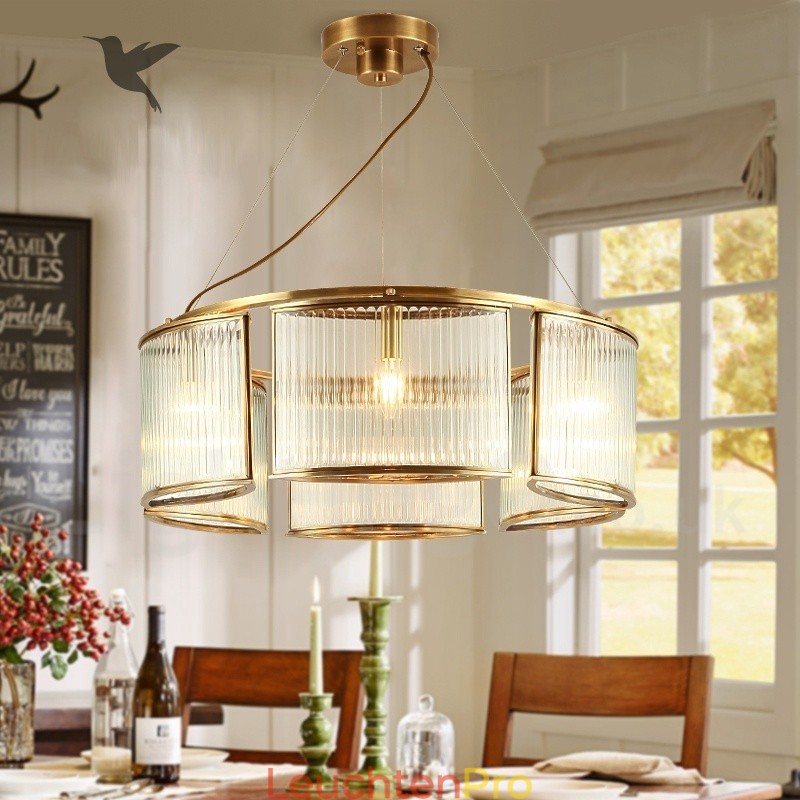 6-flammige Retro-Pendelleuchte aus rustikalem Messing mit Glasschirm