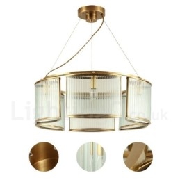 6-flammige Retro-Pendelleuchte aus rustikalem Messing mit Glasschirm