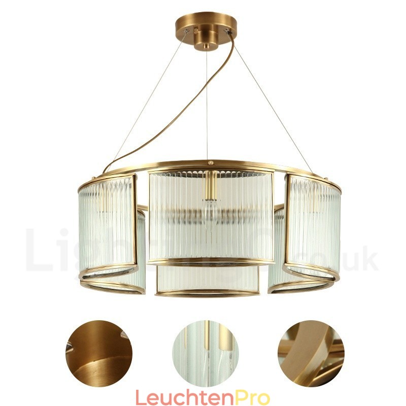 6-flammige Retro-Pendelleuchte aus rustikalem Messing mit Glasschirm