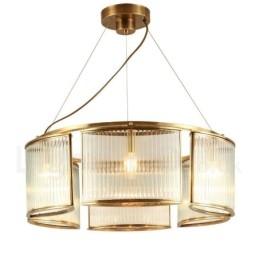 6-flammige Retro-Pendelleuchte aus rustikalem Messing mit Glasschirm