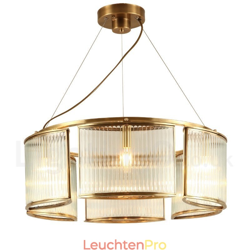 6-flammige Retro-Pendelleuchte aus rustikalem Messing mit Glasschirm