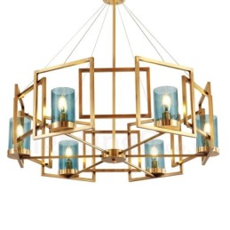 6-flammige Retro-Pendelleuchte aus rustikalem Messing mit Glasschirm