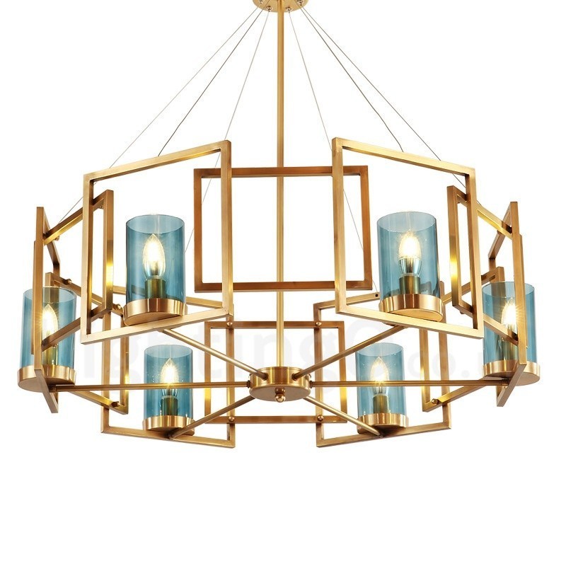 6-flammige Retro-Pendelleuchte aus rustikalem Messing mit Glasschirm