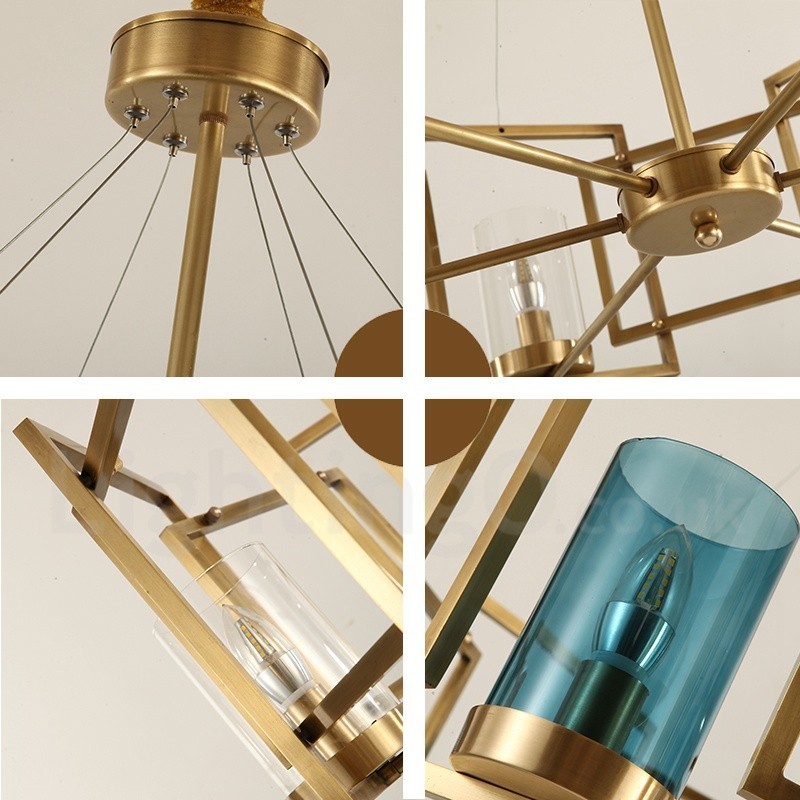 6-flammige Retro-Pendelleuchte aus rustikalem Messing mit Glasschirm