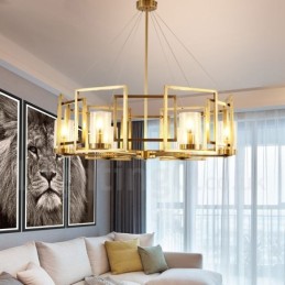6-flammige Retro-Pendelleuchte aus rustikalem Messing mit Glasschirm