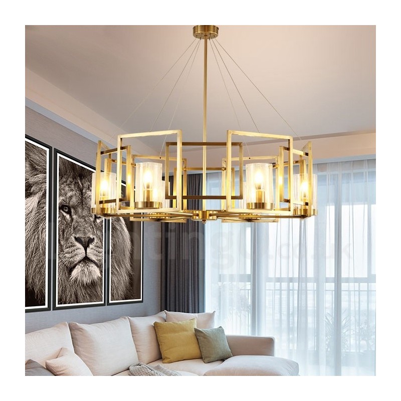 6-flammige Retro-Pendelleuchte aus rustikalem Messing mit Glasschirm
