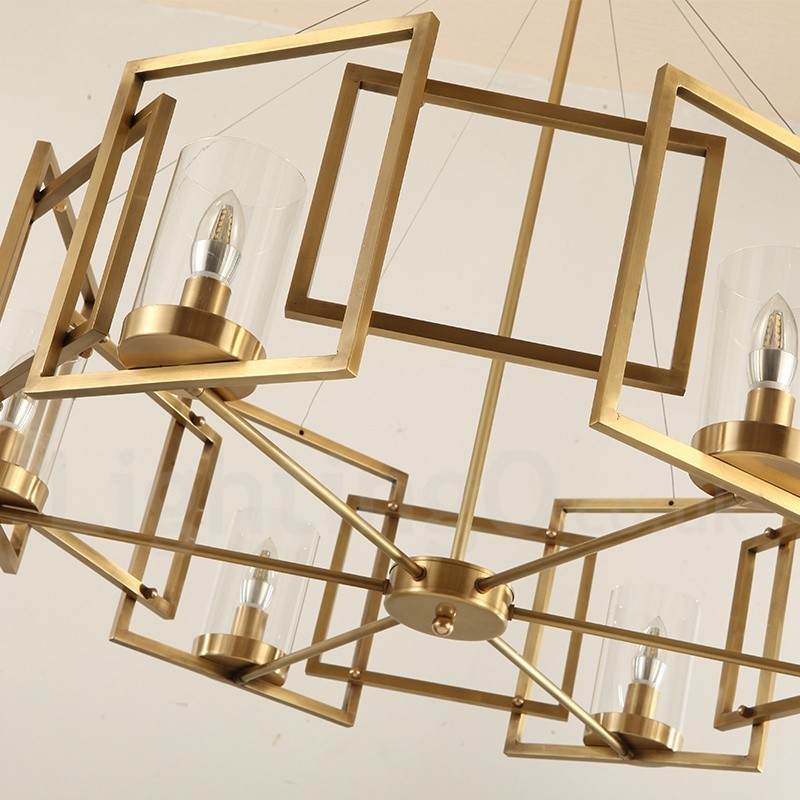 6-flammige Retro-Pendelleuchte aus rustikalem Messing mit Glasschirm