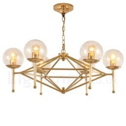 6-flammige Retro-Pendelleuchte aus rustikalem Messing mit Glasschirm
