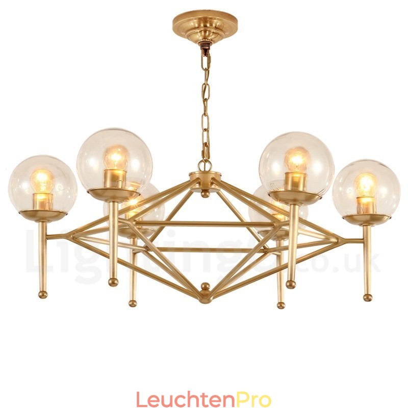 6-flammige Retro-Pendelleuchte aus rustikalem Messing mit Glasschirm