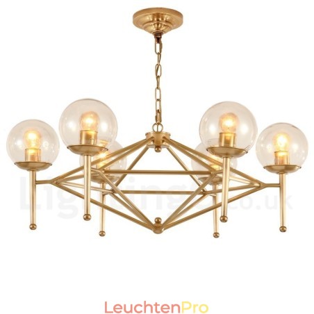 6-flammige Retro-Pendelleuchte aus rustikalem Messing mit Glasschirm 6-flammige Retro-Pendelleuchte aus rustikalem Messing mit Glasschirm