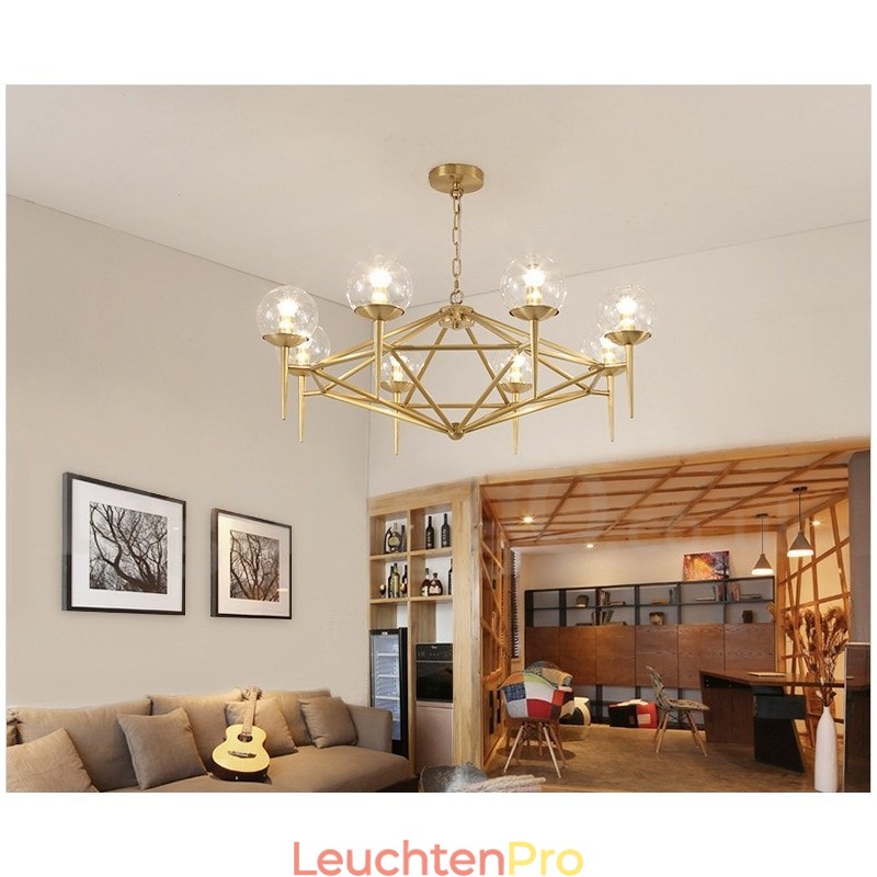 6-flammige Retro-Pendelleuchte aus rustikalem Messing mit Glasschirm