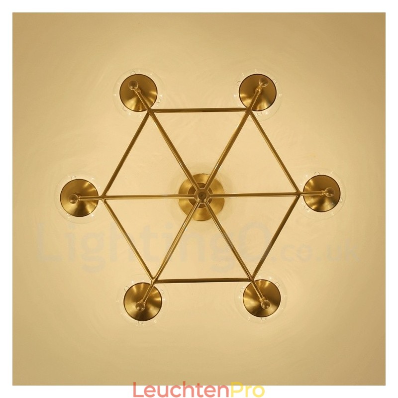 6-flammige Retro-Pendelleuchte aus rustikalem Messing mit Glasschirm