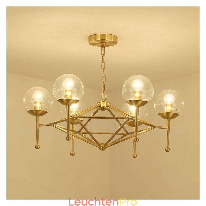 6-flammige Retro-Pendelleuchte aus rustikalem Messing mit Glasschirm