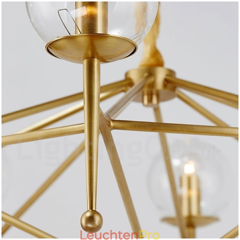6-flammige Retro-Pendelleuchte aus rustikalem Messing mit Glasschirm