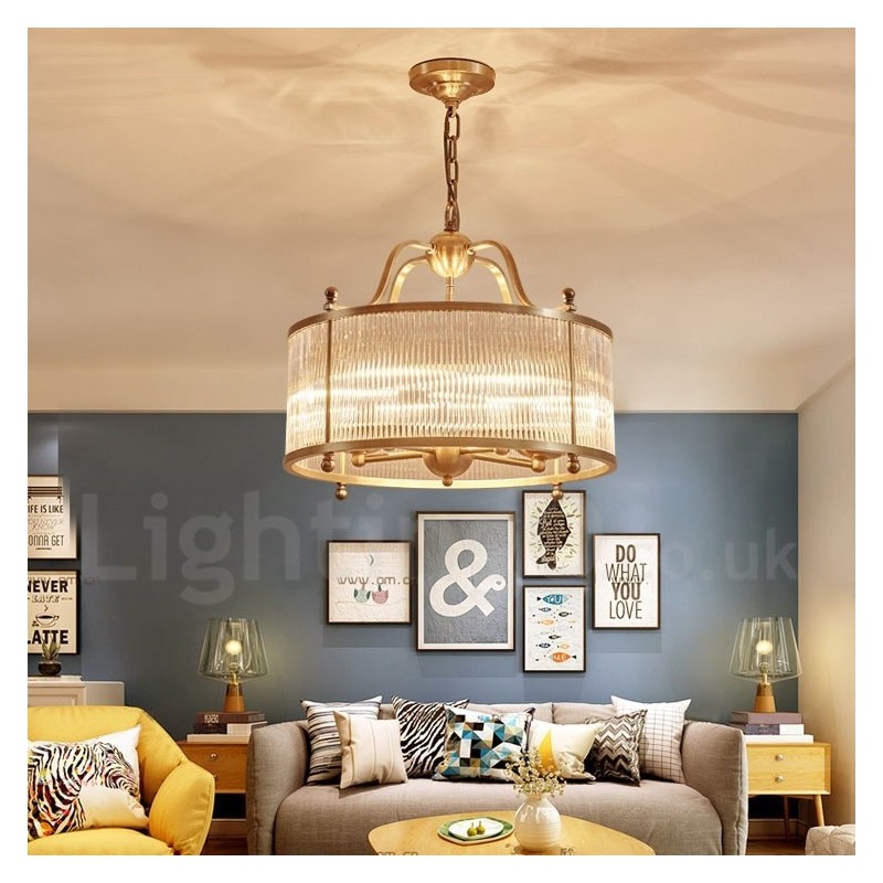 5-flammige Retro-Pendelleuchte aus rustikalem Messing mit Glasschirm