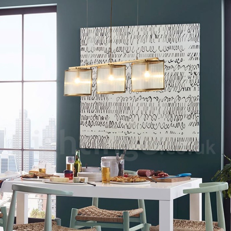 3-flammige Retro-Pendelleuchte aus rustikalem Messing mit Glasschirm