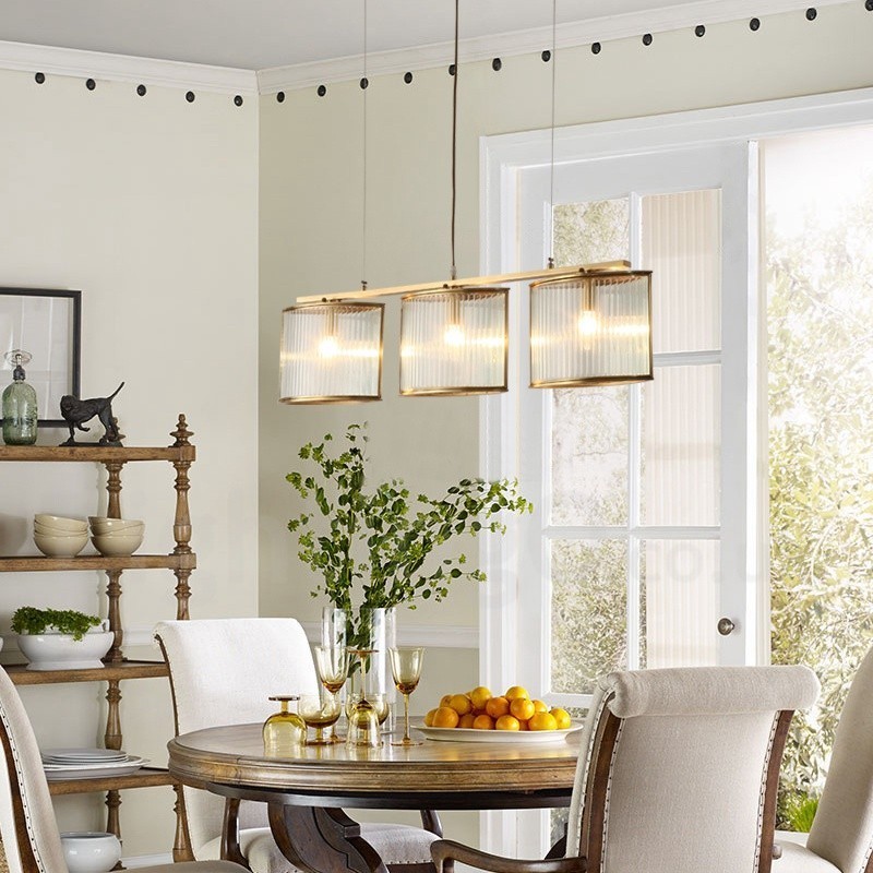 3-flammige Retro-Pendelleuchte aus rustikalem Messing mit Glasschirm