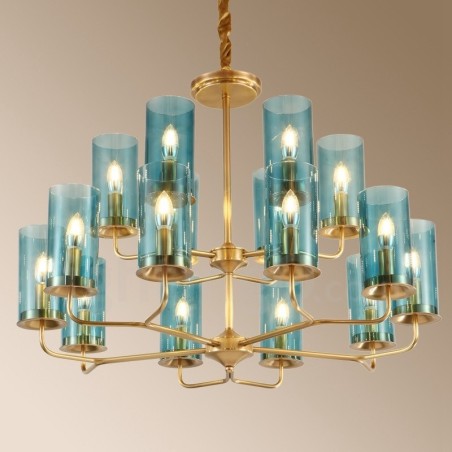 16-flammige Retro-Pendelleuchte aus rustikalem Messing mit Glasschirm 16-flammige Retro-Pendelleuchte aus rustikalem Messing mit Glasschirm