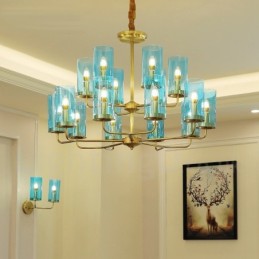 16-flammige Retro-Pendelleuchte aus rustikalem Messing mit Glasschirm