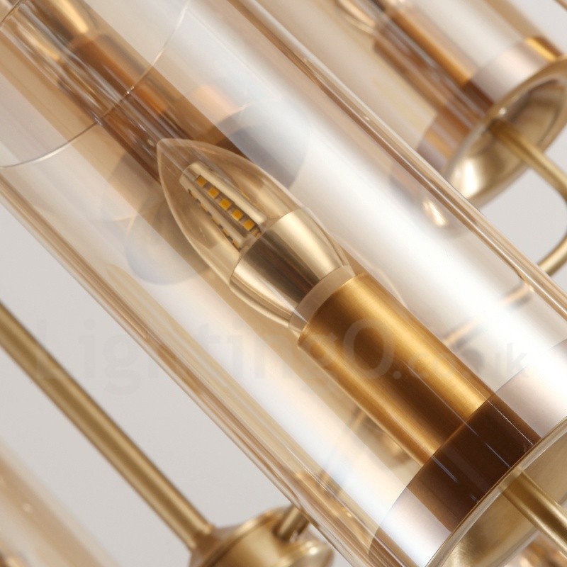 6-flammige Retro-Pendelleuchte aus rustikalem Messing mit Glasschirm