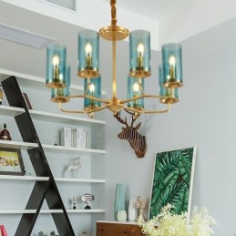 8-flammige Retro-Pendelleuchte aus rustikalem Messing mit Glasschirm