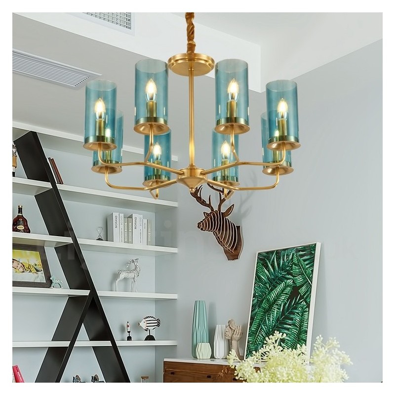 8-flammige Retro-Pendelleuchte aus rustikalem Messing mit Glasschirm