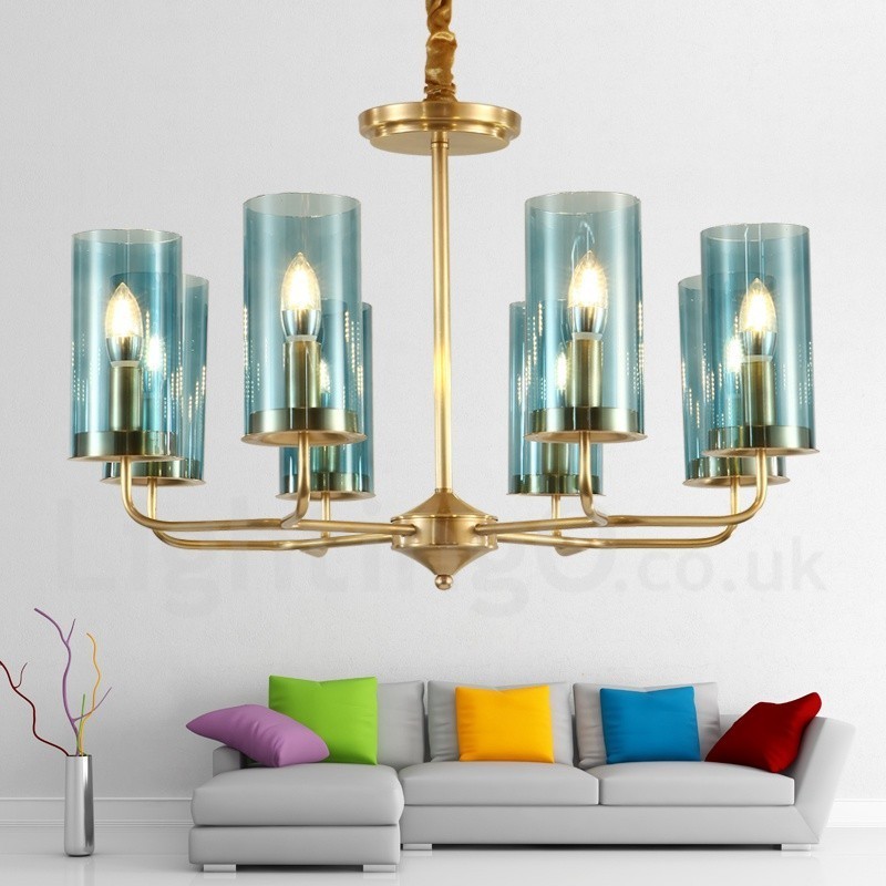 8-flammige Retro-Pendelleuchte aus rustikalem Messing mit Glasschirm