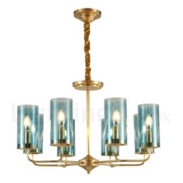 8-flammige Retro-Pendelleuchte aus rustikalem Messing mit Glasschirm