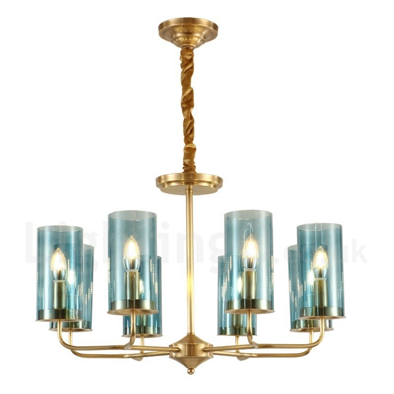 8-flammige Retro-Pendelleuchte aus rustikalem Messing mit Glasschirm